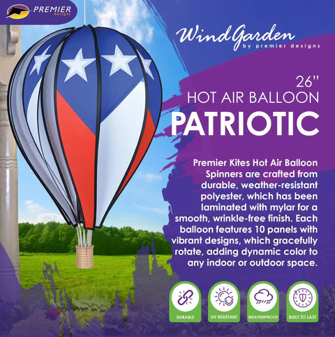 Patriotic Hot Air Balloon Wind Spinner For Outdoors, Vibrant USA Flag Colors, Weather Resistant Garden Decor displayed on grass