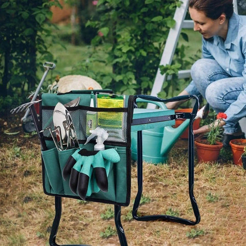 Heavy Duty Garden Kneeler And Seat With Wide Cushioned Pad Foldable Patio Bench Stool With Dual Tool Bags in garden scene