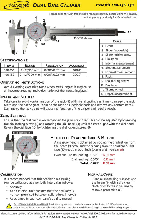 Six Inch Dial Caliper With Dual Metric And SAE Readout manual showing tool specifications and usage instructions