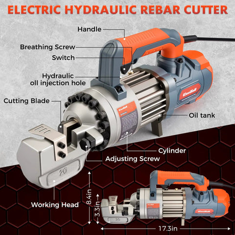 Heavy Duty 3/4 Inch Electric Hydraulic Rebar Cutter RC20B with cutting blade, hydraulic oil hole, and adjustable cylinder.