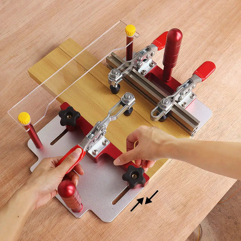 Hands adjusting Router Table Coping Sled With Adjustable Rail Guide For Precise Joints And Clean Cuts on wood surface