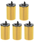 Five yellow cylindrical filters in the Oil Filter Service Kit 5 Piece Set For Hyundai And Kia Models, OEM Quality Replacement 26320-3CAA0 And 263203CAA0