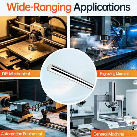 Two 10mm By 400mm Linear Motion Rods Shaft Guide Rail System For Smooth Precision Movement With High Grade C45 Carbon Steel Build For Heavy Duty CNC And DIY Projects That Will Crush It All displayed in various machinery applications.