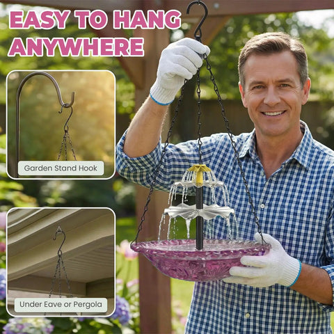 Sun Powered Bird Bath Fountain With Hanging Cascade For Outdoor Garden Decor, No Fuss Solar Operation With No Wiring, Eco Friendly Yard Water Feature That Attracts Birds, Purple, shown hanging in a garden.