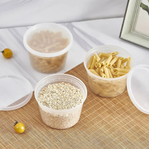 16-Ounce To-Go Food Storage Containers With Lids, BPA Free, Leakproof Microwave Safe filled with pasta and grains on table