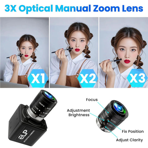 3X optical manual zoom lens showcasing focus adjustments and clarity settings with a model applying makeup, Blazing Fast 4K USB Webcam With 12 Megapixels And 120FPS Recording Killer Detail Golf Swing Camera 3X Optical Zoom Plug And Play For Live Streaming And Industrial Monitoring.