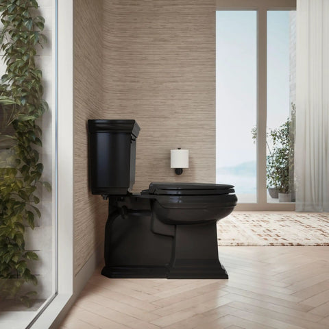 Black toilet with ReadyLatch Elongated Toilet Seat With Slow Close Quiet Lid in modern bathroom, view from side