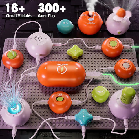 Science Experiment Kit For Kids Ages Five To Twelve With Circuit Building Projects Including Microphone Speaker Module RGB Light Module And Powered Host 108 Hands On Electronics And STEM Experiments Educational Gift Toy with various colorful modules on a circuit board.
