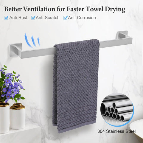 Brushed Stainless Steel 4 Piece Bathroom Hardware Set Wall Mounted With Towel Bar showing rust resistant SUS304 finish