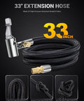Coiled black 33-inch extension hose with metallic connectors, part of Must Have 33 Inch Air Release Extension Hose Set 7 Pack Tire Inflator Replacement Hoses With Presta Valve Adapter Ball Pump Needle Kit Tapered Nozzles And Converting Nuts For Bike Pumps And Portable Air Compressors.