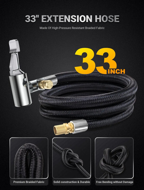 Coiled black 33-inch extension hose with metallic connectors, part of Must Have 33 Inch Air Release Extension Hose Set 7 Pack Tire Inflator Replacement Hoses With Presta Valve Adapter Ball Pump Needle Kit Tapered Nozzles And Converting Nuts For Bike Pumps And Portable Air Compressors.