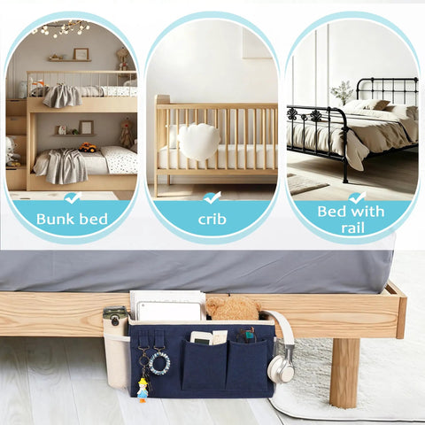 Bedside Caddy Hanging Organizer For Beds And Rails, Your Must Have Go To Bedside Storage Bag For Bunk Beds Hospital Beds And Dorm Rooms, Sturdy Canvas With Multiple Pockets For Glasses Books Phones And Keys Navy Blue