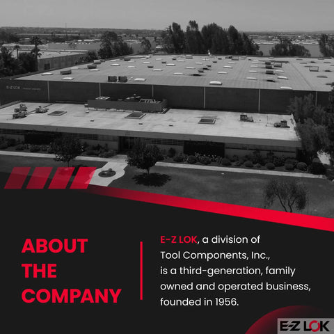 Aerial view of E-Z Lok warehouse with company details: division of Tool Components, Inc., family owned, founded 1956.