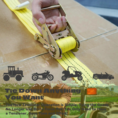 Heavy Duty E Track Ratchet Straps 8 Pack Tie Down Cargo Slings 2X15 Feet Yellow in use, securing cargo with a ratchet mechanism.