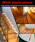 Adjustable Stair Tread Template Angle Finder With Heavy Duty Aluminum Frame And Grippy Rubber Pads delivering measurements on wood stairs.