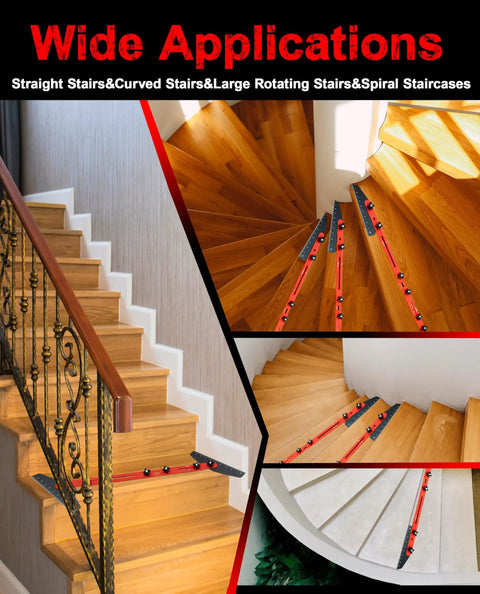 Adjustable Stair Tread Template Angle Finder With Heavy Duty Aluminum Frame And Grippy Rubber Pads delivering measurements on wood stairs.