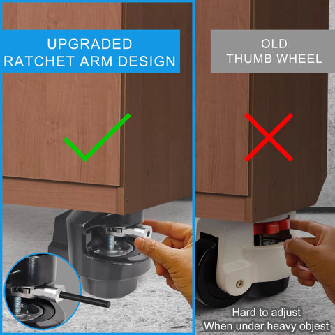 Comparison of new self leveling swivel caster with ratchet handle and retractable plate vs old thumb wheel design.