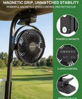 8 Inch Magnetic Clip On Fan For Golf Cart With 12000mAh Battery installed on golf cart showing magnetic base and 5-speed control