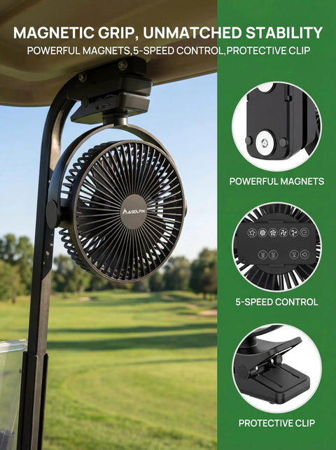8 Inch Magnetic Clip On Fan For Golf Cart With 12000mAh Battery installed on golf cart showing magnetic base and 5-speed control