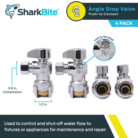 Brass Push To Connect Angle Stop Valves 1/2 In X 3/8 In Compression Quarter Turn Pack Of 4 for plumbing fittings.