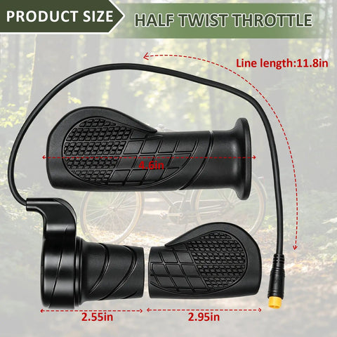 Half Twist Ebike Throttle Grip With Waterproof Three Pin Plug For Electric Scooters And Motorcycles Precision Acceleration Control durable rubberized housing showing dimensions of 4.6in, 2.55in, and 2.95in.