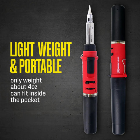 Cordless Butane Soldering Iron Kit With 3 In 1 Soldering, Jewelry And Heat Shrink Torch shown lightweight and portable
