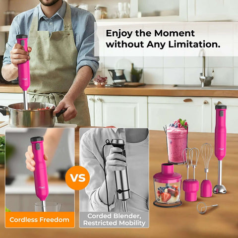 Premium Cordless Immersion Hand Blender With Heavy Duty Motor And 6 In 1 Multifunctional Attachments in a kitchen, blending soup.