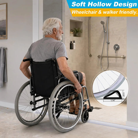 Self Adhesive Silicone Shower Threshold Water Dam Collapsible Flood Barrier For Curbless Walk In Bathrooms Straight Up Keeps Floors Bone Dry And Kills Splash Back Clean Quick with wheelchair access in a bathroom setting.