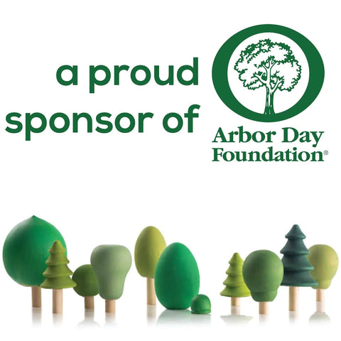 Arbor Day Foundation sponsor badge with green tree logo and a row of green wooden trees at bottom