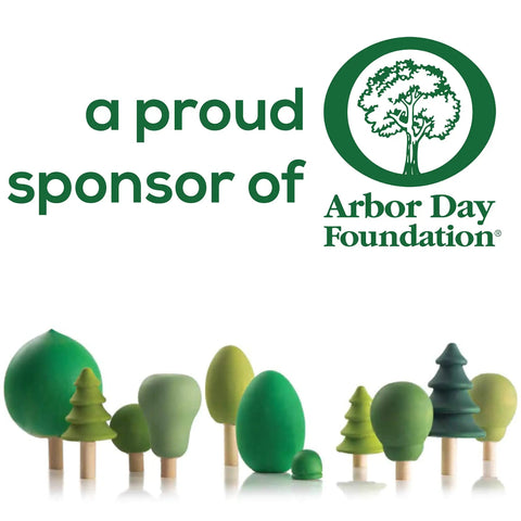 Proud sponsor of Arbor Day Foundation with green tree figures and logo