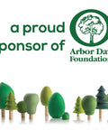 A proud sponsor of Arbor Day Foundation with green tree models, logo above miniature trees.