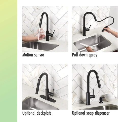 Touchless Kitchen Faucet With Pull Down Sprayer Matte Black Finish Motion Sensor High Arc Spout 1.8 GPM Flow Battery Powered Easy Install versatility