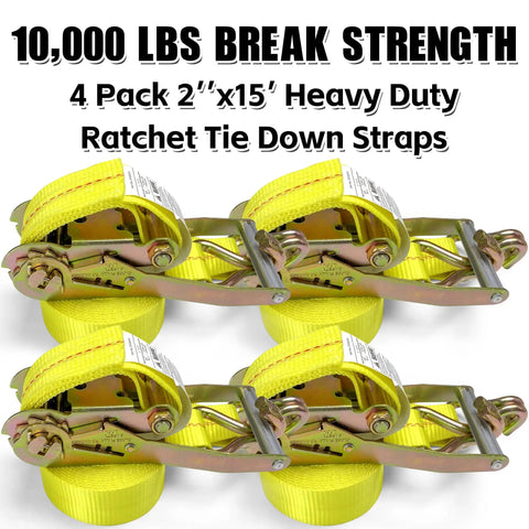 Four yellow 2x15 ft heavy-duty ratchet tie down straps, showing hooks and ratchet mechanism, 10,000 lbs break strength.