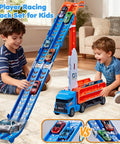 Race Track Truck Toy Set For Kids Aged 3 To 6 Years Old Four In One Carrier Truck With Dual Foldable Race Tracks And Detachable Cab Includes Six Die Cast Cars Ideal Gift For Boys Blue shown with kids playing