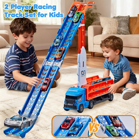 Race Track Truck Toy Set For Kids Aged 3 To 6 Years Old Four In One Carrier Truck With Dual Foldable Race Tracks And Detachable Cab Includes Six Die Cast Cars Ideal Gift For Boys Blue shown with kids playing
