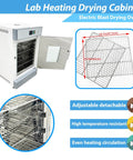 Horizontal Electric Blast Drying Oven Built Tough As Nails For Daily Lab Heating Featuring Rust Resistant Finish Coat And Spotless Stainless Chamber Premium Quality Construction Guaranteed with open door and racks.
