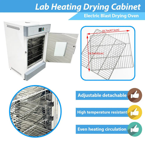 Horizontal Electric Blast Drying Oven Built Tough As Nails For Daily Lab Heating Featuring Rust Resistant Finish Coat And Spotless Stainless Chamber Premium Quality Construction Guaranteed with open door and racks.