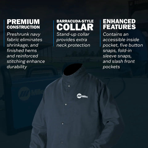 Light-Duty Flame-Resistant Welding Jacket In 9oz Navy Cotton with stand-up collar and logo, shown with features description
