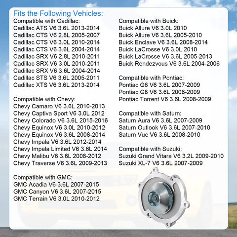 AW5103 Water Pump Replacement For Buick, Cadillac, Chevy, GMC engines compatibility chart and product image