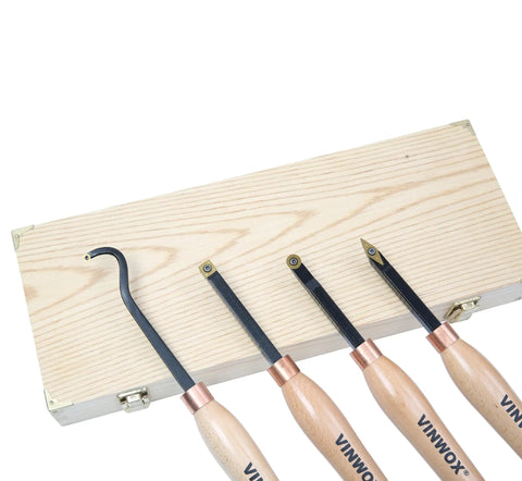 Pro Grade Carbide Wood Lathe Turning Tool Set 13.5 Inch Four Piece with storage box, beech wood handles, titanium coated blades