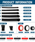 Product Information for Pro Grade All In One Automotive Wire Loom Kit showing wire loom sleeving, cable ties, and tape sizes.