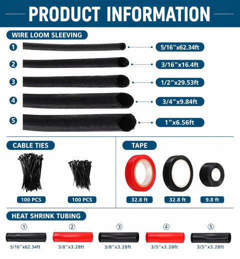 Product Information for Pro Grade All In One Automotive Wire Loom Kit showing wire loom sleeving, cable ties, and tape sizes.