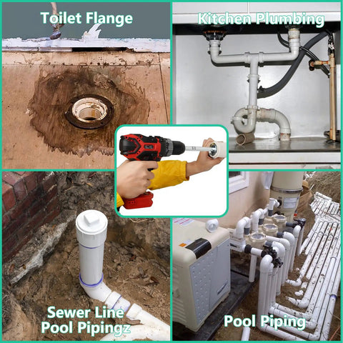 Four Piece PVC Pipe Reamer Set with socket saver heads used in various plumbing applications such as toilet flange and pool piping repairs.