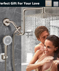 Couple enjoying 12 Inch Rainfall Shower Head Combo In Dope Brushed Nickel Finish High Pressure Shower Head with flexible curved arm