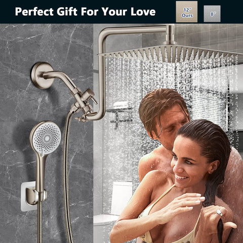 Couple enjoying 12 Inch Rainfall Shower Head Combo In Dope Brushed Nickel Finish High Pressure Shower Head with flexible curved arm