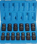 Half Inch Drive 13 Piece Standard Length Metric Universal Socket Set For Auto Repair And DIY Projects in a blue case, gray finish.