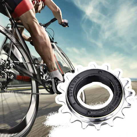 Cyclist on road with 16T Single Speed Freewheel For One Half Inch By One Eighth Inch Chains, lightweight iron gear in foreground.