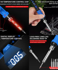 80W Soldering Iron Kit With Multimeter And LCD Temperature Display, showcasing iron tips and temperature control, used on PCBs.