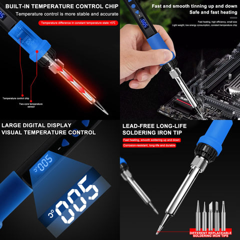 80W Soldering Iron Kit With Multimeter And LCD Temperature Display, showcasing iron tips and temperature control, used on PCBs.