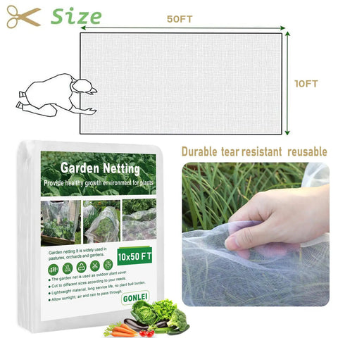 Ultra Fine Garden Netting 10 By 50 Feet For Raised Beds And All Veggies Mosquito And Pest Barrier Mesh shown with packaging and use